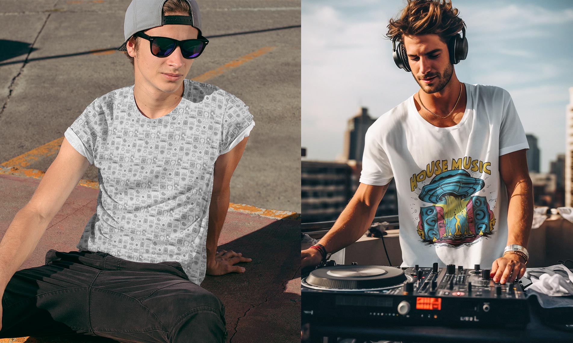 DJ Drip (White) – Analog Mixer, Turntable, CDJ, & Speaker – All Over Print Graphic Tee (Unisex)